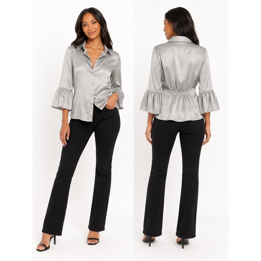 BCBGMAXAZRIA Silver Satin Smocked Back Bell Sleeve Button Down Blouse Womens S